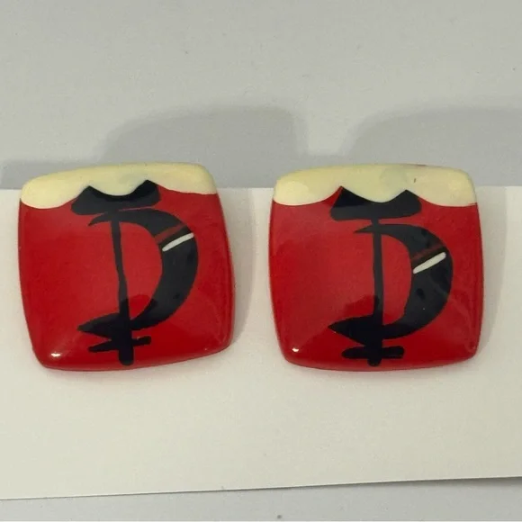 Miriam Haskell Red and Black Square Earrings - Picture 2 of 3